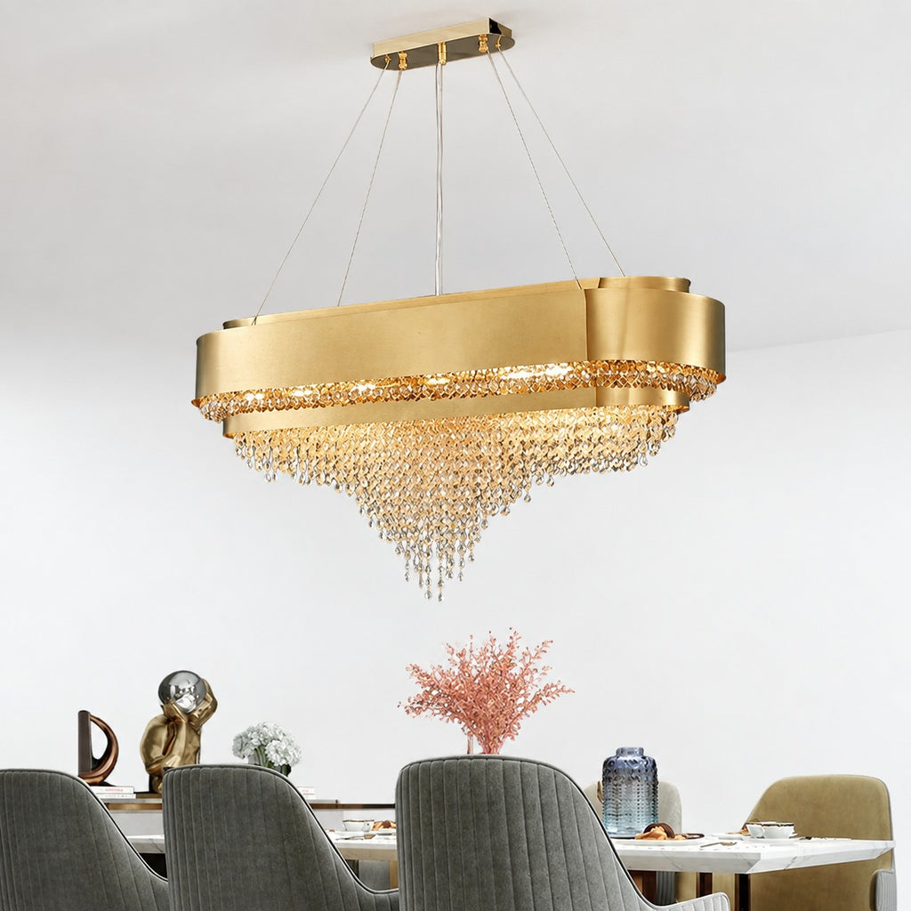 Gold Round Crystal Living Room Chandelier Light Oval Pendant